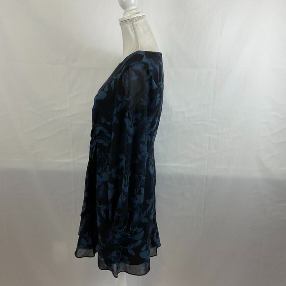 Hutch Dress 6 Blue Black Leaf Print Long Semi-Sheer Sleeve Drape Detail - Picture 7 of 13